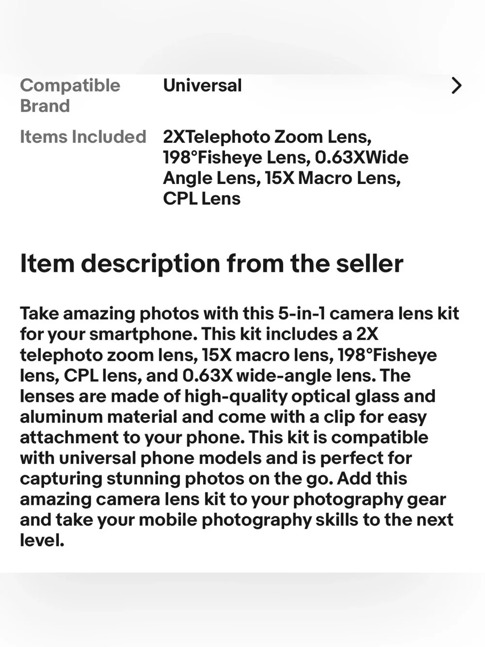 5-in-1 Cell Phone Camera Lens Kit - Black
